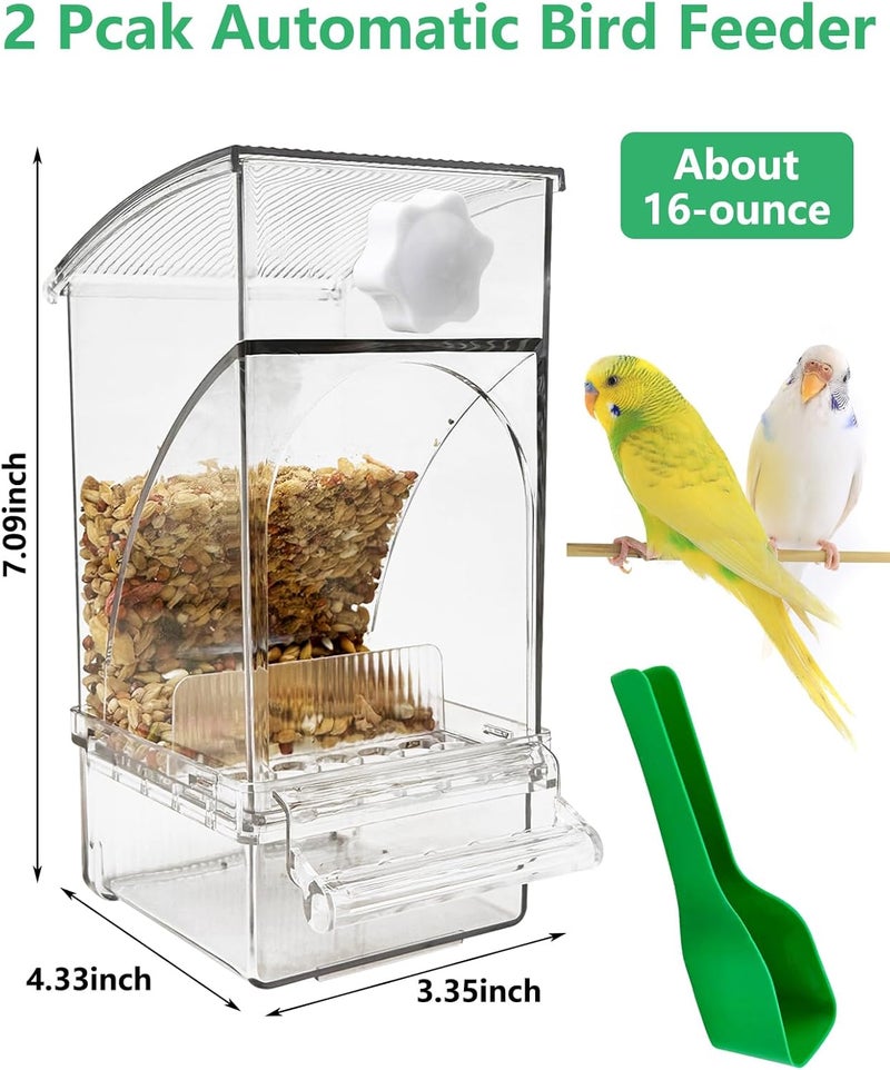 Hamiledyi 2Pcs No Mess Bird Feeder Automatic Bird Cage Feeder Transparent Acrylic Parrot Seed Food Container with Perch for Parakeet Finch Lovebirds Budgies Canary - Image 2